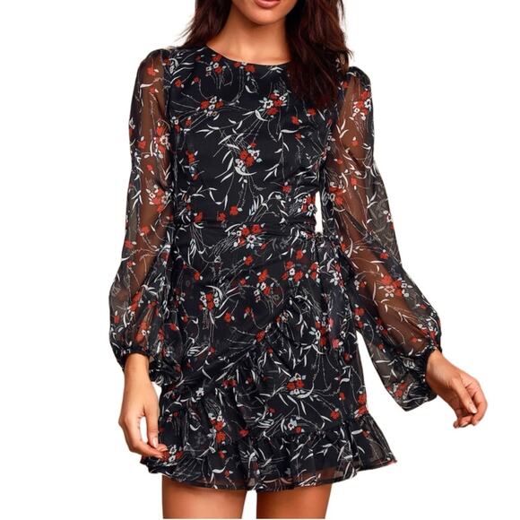 Lulus Petal to The Metal Black Floral Print Chiffon Mini Dress Women’s Sz XS - Picture 1 of 9